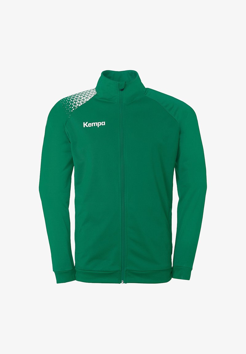 Green athletic jacket with a full zipper, featuring a textured geometric pattern on one shoulder and the "Kempa" logo in white.
