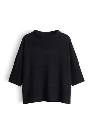 Maglione nero a maglia con collo alto, maniche a tre quarti, orli a coste e una texture morbida. Il design presenta una vestibilità comoda.