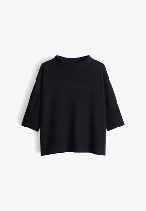 Schwarzer Strickpullover mit hohem Kragen, Dreiviertelärmeln, gerippten Säumen und einer weichen Textur. Das Design zeichnet sich durch eine lässige Passform aus.