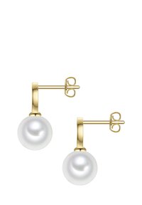 Orecchini in oro con una perlina bianca rotonda alla base. Il design con chiusura a leva presenta una finitura liscia e lucida con un semplice dettaglio hardware.