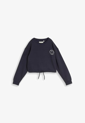 Sweat-shirt court à manches longues bleu marine avec ourlet à cordon et petit logo smiley blanc avec texte sur la poitrine gauche.