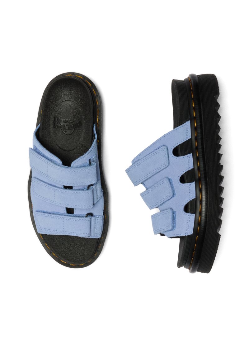 Light blue leather sandals with three adjustable straps and black thick soles with yellow stitching, viewed from top and side.