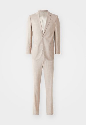 Beige linen suit featuring a single-breasted blazer with notched lapels, two buttons, and matching straight-leg trousers.