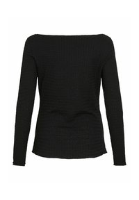 Czarny długi rękaw z teksturowanego materiału o lekko luźnym kroju i szerokim dekoltem w łódkę, z delikatnym wzorem marszczeń.