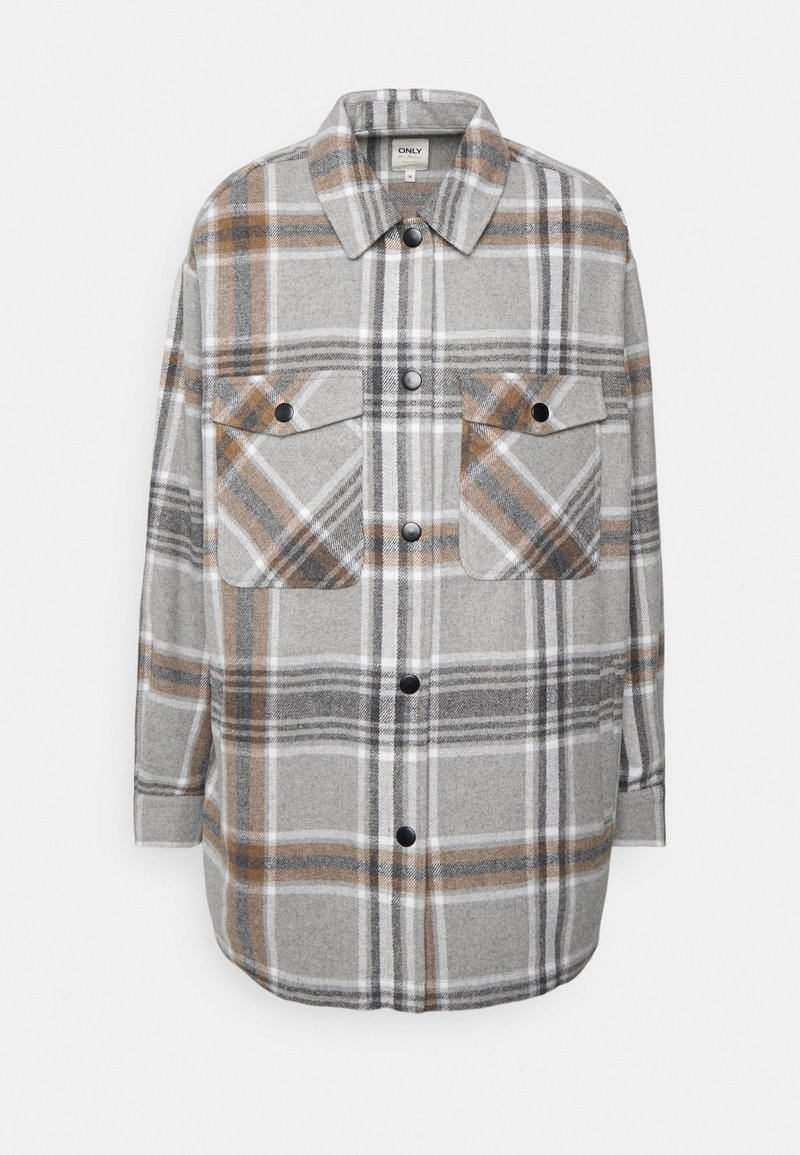 Grå rutigt skjorta med orange och vita detaljer, som har två bröstfickor, knäppning fram och långa ärmar. Mjuk tygstruktur.