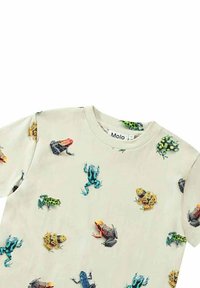 Kortærmet creme T-shirt med et farverigt frøprint i forskellige designs og farver, lavet af blødt bomuldsstof. Molo mærket synligt.