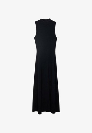 Schwarzes ärmelloses Kleid mit hohem Hals, aus weichem Material gefertigt, mit einem schwingenden Rock, der bis zum Saum reicht. Keine sichtbaren Muster oder Akzente.