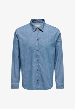 Heledsinine denim särkk, millel on pikad varrukad, krae ja kuldne nööp sulgemiseks ees. Omab siledat tekstuuri ja klassikalist disaini.