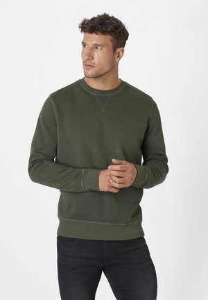 Green sweatshirt made of soft fabric, featuring long sleeves, a round neckline, ribbed cuffs, and a straight hem. Simple design, no patterns.