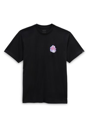 Czarna koszulka Vans z krótkim rękawem i małym, kolorowym abstrakcyjnym motywem grzyba na lewej piersi.