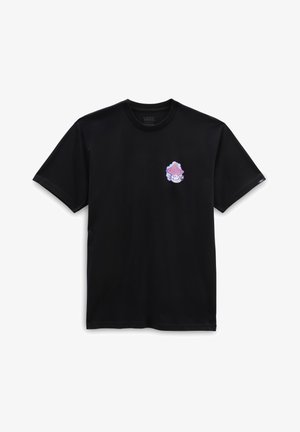 Zwart Vans T-shirt met korte mouwen en een kleine kleurrijke abstracte paddenstoelafbeelding op de linkerborst.