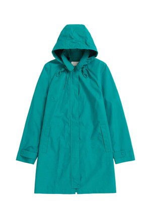 Türkiz vízálló kabát kapucnival, húzózsinóros nyakkal, hosszú ujjakkal, patentos záródással és oldalzsebekkel. Sima textúrájú, középhosszú fazon.