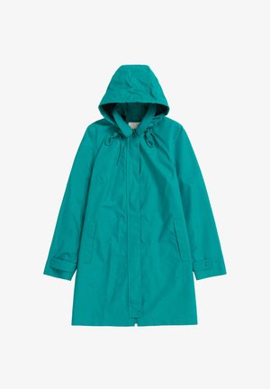 Tirkīzzilas ūdensnecaurlaidīgs mētelis ar kapuci, auklas aizdari pie kakla, gariem piedurknēm, ar spiedpogām aiztaisāms un sānu kabatām. Gluda tekstūra, vidēja garuma dizains.