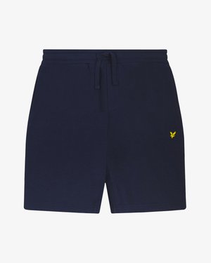 Tumesinised vabaaja lühikesed püksid elastse vöökohaga ja nööriga, millel on paremal reiel väike kollane tikitud linnulogo.