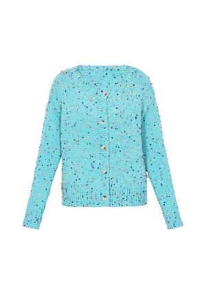 Turquoise gebreide cardigan met meerkleurige stippen, lange mouwen, ronde halslijn en zilveren knopen. Regelmatige pasvorm met geribde manchetten en onderrand.