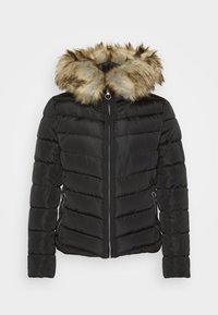 Casaco puffer preto com costura horizontal, capuz incorporado com acabamento de pele sintética, fecho frontal com zíper e bolsos laterais com detalhes metálicos.