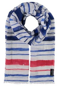 Écharpe légère avec des rayures horizontales bleu, rouge et blanc. Le matériau est transparent avec des extrémités à franges. L'étiquette porte le nom de la marque.