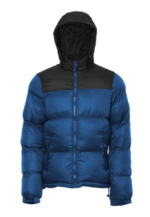 Blaue gesteppte Steppjacke mit schwarzen Schulterpaneelen und Kapuze, durchgehendem Frontreißverschluss und Reißverschlusstaschen an den Seiten.