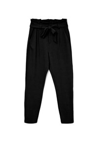 Pantalon noir en tissu doux, avec une taille haute froncée dotée d'une ceinture nouée, et deux poches latérales.