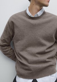 Brauner Strickpullover mit Rundhalsausschnitt, gerippten Bündchen und Saum. Über einem weißen Hemd getragen, mit weichem Material und lässiger Passform.
