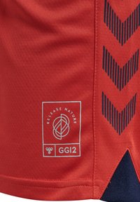 Pantalones cortos deportivos rojos con tejido texturizado, que presentan un patrón en forma de chevron en azul marino y una etiqueta gris con el texto "LIBERA LA NATURALEZA" y un icono de abeja.