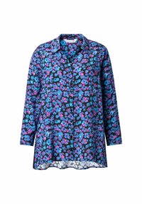 Blommig skjorta med knappstängning i blå, lila och rosa nyanser på svart bakgrund. Långa ärmar, krage och rundad fålldesign.