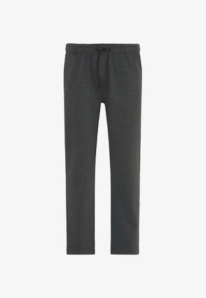 Tmavě šedé tepláky vyrobené z jemné látky, mají elastický pas s tkaničkou a rovný střih nohavic. Žádné vzory ani akcenty.