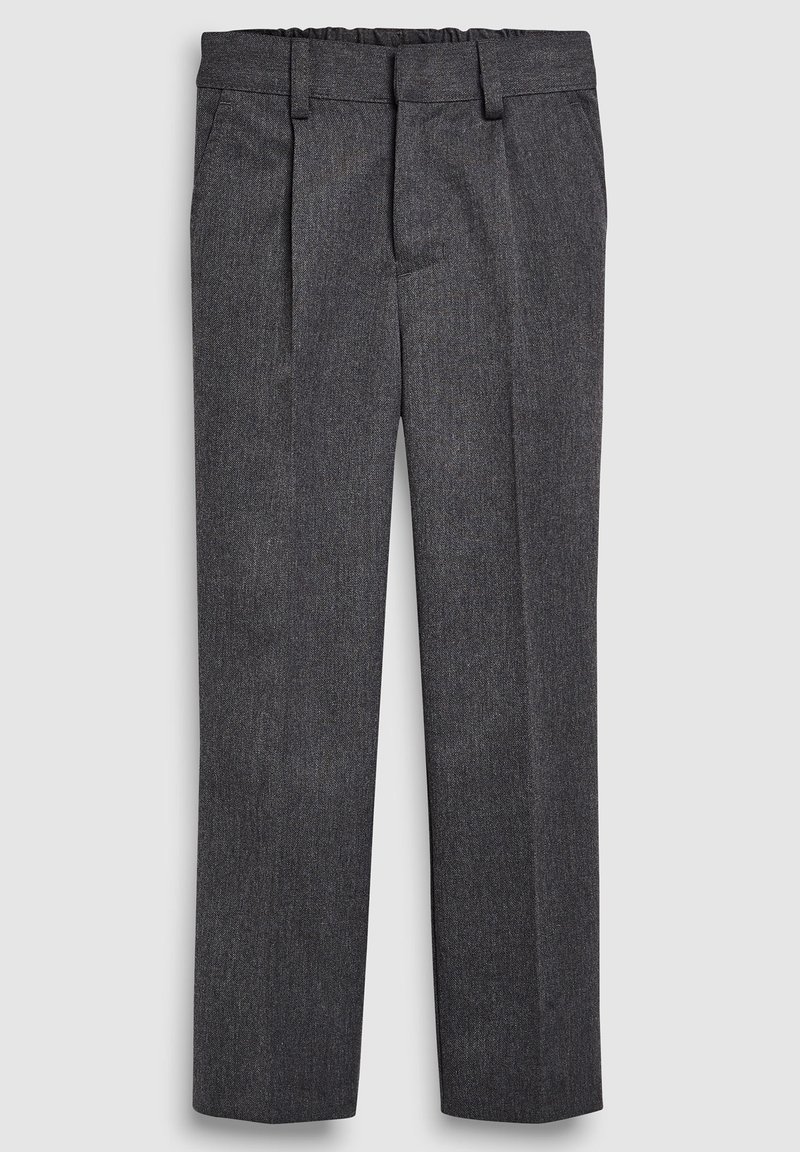 Pantalon formel gris foncé à jambes droites, passants de ceinture, poches latérales et taille élastique au dos.