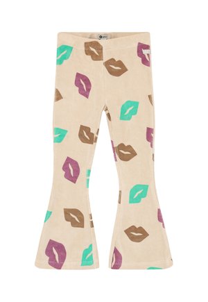Pantaloni a zampa beige per bambini con stampe di labbra colorate in verde, viola e marrone su tutto il tessuto.