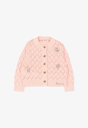 Cardigan lavorato a maglia rosa tenue con trafori a diamante, bottoni in legno, fiori ricamati e "Marni" cucito in basso a destra.