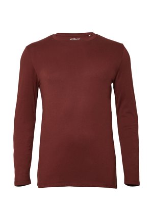 Ciemnoczerwona, gładka, długorękawowa koszulka z okrągłym dekoltem, wykonana z miękkiego materiału, z metką marki s.Oliver na wewnętrznej stronie kołnierza.