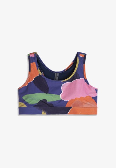 Brassière de sport à larges bretelles avec un imprimé floral abstrait aux tons violets, roses, oranges, verts et noirs.