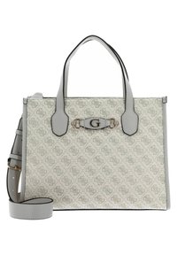 Borsa grigia con tessuto a motivo texturizzato, accenti in pelle grigia liscia, doppie maniglie e un dettaglio centrale con logo. Presenta una tracolla regolabile.