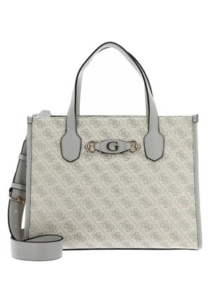 Borsa grigia con tessuto a motivo texturizzato, accenti in pelle grigia liscia, doppie maniglie e un dettaglio centrale con logo. Presenta una tracolla regolabile.