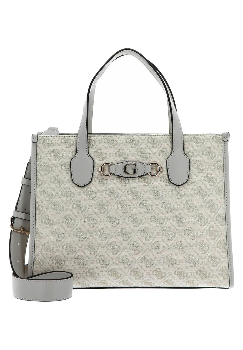 Borsa grigia con tessuto a motivo texturizzato, accenti in pelle grigia liscia, doppie maniglie e un dettaglio centrale con logo. Presenta una tracolla regolabile.