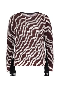 Rödvinsröd och vit randig tröja i texturerat tyg, med vågiga mönster och svarta spetsdetaljer vid ärmarna. Rund halsdesign.