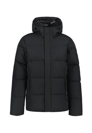 Černá zateplená zimní bunda s kapucí a dvěma bočními kapsami, určená do chladného počasí.