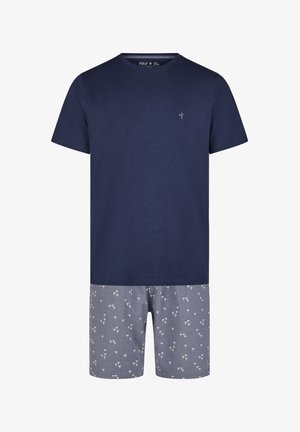 Marineblaues T-Shirt mit kurzen Ärmeln kombiniert mit grauen Shorts, die ein kleines weißes Palmenmuster aufweisen.