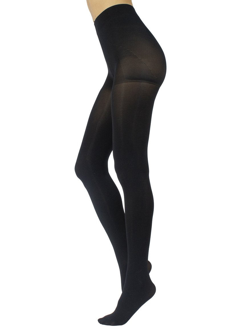 Medias opacas negras con una textura suave y cintura alta, diseñadas para ajustarse cómodamente, proporcionando una cobertura completa desde la cintura hasta los dedos de los pies.