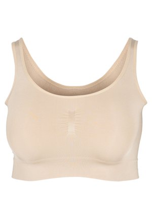 Beige, stretchy bra with a smooth texture, wide straps, and a seamless design. Features a center seam for additional support. No underwire.