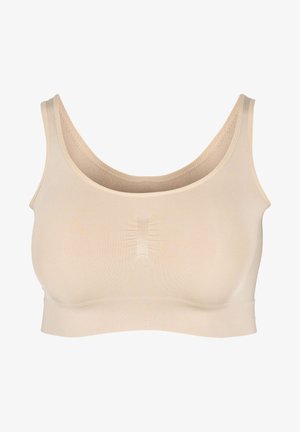 Beige, töjbar bh med en slät yta, breda axelband och en sömlös design. Har en mittsöm för extra stöd. Ingen bygel.