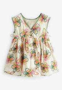 Weißes Baumwollkleid mit buntem floralen Stickmuster in Pink, Gelb und Grün. V-Ausschnitt-Design mit gerafftem Bund und dekorativen Knöpfen.