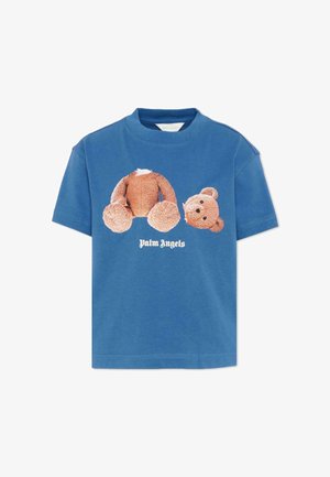 Niebieska koszulka z grafiką rozłożonego misia - głowa i ciało osobno, poniżej napis "Palm Angels".
