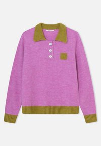 Vaaleanpunainen villapaita, jossa on vihreä resorikaulus, kolmipainikkeinen nappilista ja pieni neliömäinen tasku samasta vihreästä kankaasta. Resoroitu helma.