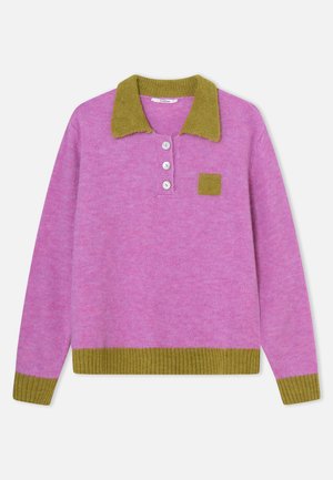 Vaaleanpunainen villapaita, jossa on vihreä resorikaulus, kolmipainikkeinen nappilista ja pieni neliömäinen tasku samasta vihreästä kankaasta. Resoroitu helma.