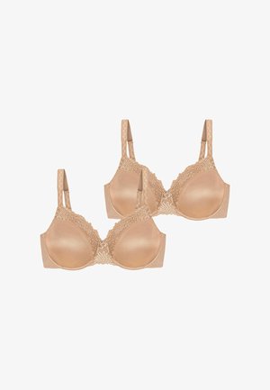 Due reggiseni beige con coppe lisce e un bordo in pizzo floreale lungo il bordo superiore. Spalline regolabili. Design classico con ferretto.