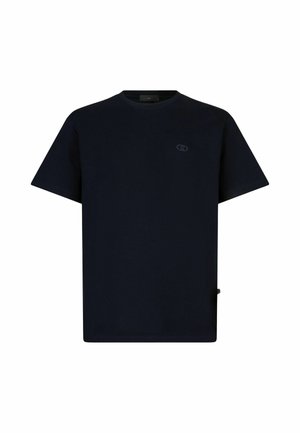 Marineblaue Baumwoll-T-Shirt mit klassischem Rundhalsausschnitt, kurzen Ärmeln und kleinem gesticktem Logo auf der Brust.