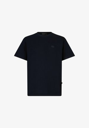 T-shirt en coton bleu marine avec un col rond classique, des manches courtes et un petit logo brodé sur la poitrine.