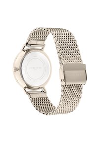RVS horloge met een mesh band, zilverkleurig, ronde kast en een minimalistische wijzerplaat met merkdetails aan de achterkant.