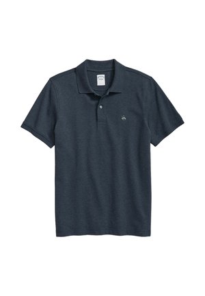 Polo-shirt marine foncé en mélange de coton. Doté d'un col classique, d'une patte de boutonnage à deux boutons et d'un petit logo sur la poitrine gauche. Texture douce.